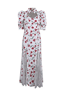 Gaun Elegan Model Puff Sleeve Motif Bunga Prancis 2026 untuk Wanita, Koleksi Musim Panas Terbaru, Desainer, Aksen Renda, Menonjolkan Pinggang - Product Image 3