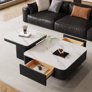 Ensemble table basse et meuble <span class=keywords><strong>TV</strong></span> noir et blanc contrastés - Surface en pierre frittée et armoire en bois (Design minimaliste créatif) - Product Image 5
