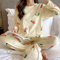 Nouvel ensemble de pyjama en soie de lait pour femme, motif mignon, manches longues et pantalon, idéal pour l'été et le printemps, style décontracté et confortable pour la maison