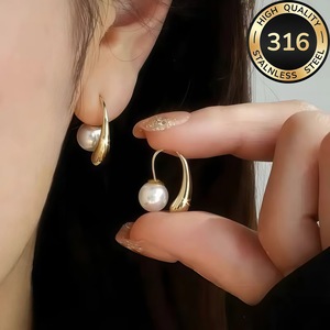 Boucles d'oreilles pendantes en forme de gouttes d'eau, imitation perle, style rétro, polyvalentes, haut de gamme, géométriques, en métal, pour le quotidien, de niche, luxe léger - Product Image 2