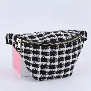 Keymay RTS Transporte Rápido Ouro Zipper Inner Pocket Preto Bege Moda Cintura Pack Bag Celular Saco Crossbody Tweed Fanny Pack