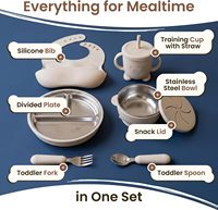 Ensemble repas enfant 7 pièces en acier inoxydable et silicone : assiette compartimentée, bol, tasse d'apprentissage, bavoir, fourchette, cuillère – Sans BPA