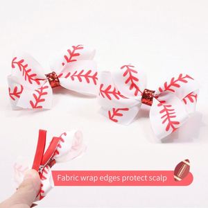 LX European American Sports Baseball Printed Hairpin <b>Red</b> Glitter Side Clip Ribbon Bowknot Full Clamp Plastic Kids 4inch Party - Product Image 3