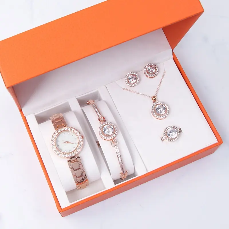 Fashion Bling Diamond Women Gift Jewelry Watch Set Rose Gold Ladies Simple Wrist Watch Box Bracelet Set