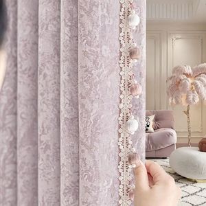 Tende Oscuranti Complete in Ciniglia Jacquard Morris Flower, Drappeggi Francesi con Pompon Rosa Antico, Vendita all'Ingrosso al Metro - Product Image 1