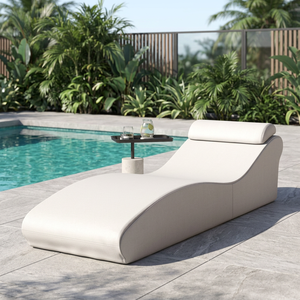 White Outdoor Lounge <b>Bench</b> Patio Daybed Upholstered Terrace Chaise Sofa With Side Table - Product Image 2