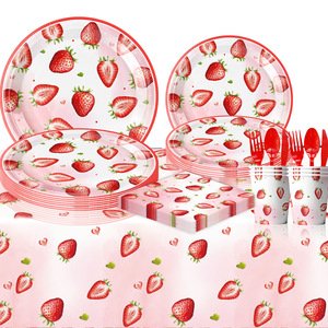 Ensemble de vaisselle de fête à thème fraise, 60-80 pièces, assiettes en plastique, gobelets, serviettes, ballons, décorations d'anniversaire - Product Image 3