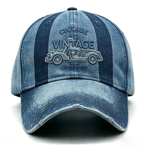 Casquette de baseball unisexe en jean délavé et vieilli, à rayures, avec broderie de voiture vintage et image imprimée en relief, réglable, pour usage quotidien en extérieur - Product Image 1