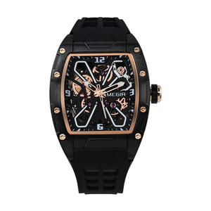 นาฬิกาข้อมือผู้ชาย Tonneau Skeleton Quartz ตัวเรือนโลหะผสมสังกะสี สายซิลิโคนนุ่ม กลไกญี่ปุ่น 2035 แฟชั่นสปอร์ต - Product Image 2