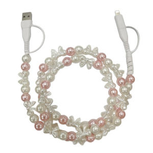 1m 2-in-1 Perlweiß-Rosa Schleifenknoten Perlen-PVC-Datenkabel C-C USB Schnellladekabel für iPhone Samsung Ladegerät - Product Image 2
