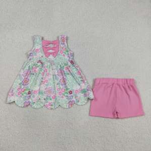 Conjunto sin mangas para niña GSSO3385 rts Little Active Girl con estampado de flores, lazos rosas y volantes, venta al por mayor para niños - Product Image 3