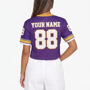Camiseta de fútbol personalizada para mujer, personalizada con nombre y número, estilo streetwear, cuello redondo, morado, dorado, 88 - Product Image 2
