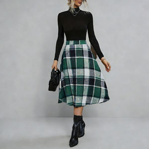Vente flash sur la jupe midi tendance à imprimé écossais pour femmes de Temu, jupe à taille haute et coupe évasée, parfaite pour la superposition par temps frais - Product Image 2