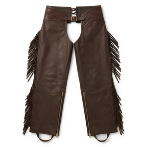 Pantalones de equitación de cuero marrón premium con flecos laterales, paneles repujados, cintura con hebilla y aberturas en las piernas con cremallera - Product Image 1