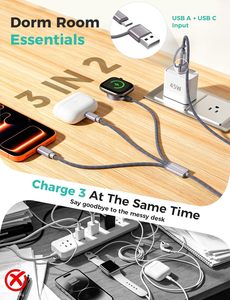 Câble de charge multi-appareils 3-en-2 pour montre et iPhone, en aluminium et nylon, connecteurs USB-A/USB-C, idéal pour les voyages, le camping, la croisière et l'utilisation en voiture - Product Image 2