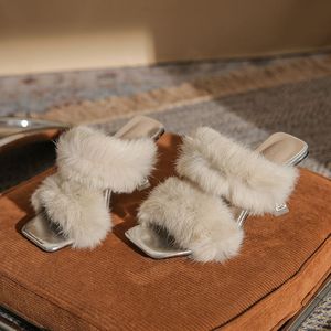 Nouvelles pantoufles à talon et plumes, mules à bout ouvert, sandales à talon chaton en fausse fourrure pour femme - Product Image 3