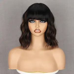 Pelucas de pelo sintético hecho a máquina de onda corta Natural 2024, pelucas de fibra de cosplay de pelo rizado ondulado negro
