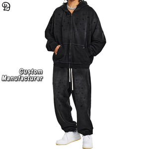 Ensemble de survêtement unisexe ample avec sweat à capuche et pantalon de jogging, tendance pour <span class=keywords><strong>homme</strong></span>, fermeture éclair intégrale, <span class=keywords><strong>tenue</strong></span> décontractée en deux pièces, survêtement oversize, style vintage, sweat-shirt délavé - Product Image 1