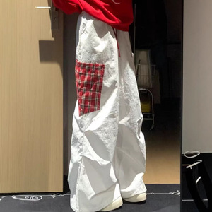 <b>White</b> <b>Cargo</b> Pants With Red Plaid Pocket High Waist Loose Wide Leg Breathable Women's Pants - Product Image 3