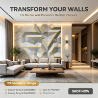 Panneau mural intérieur 4x8 pieds avec revêtement UV pour la décoration de projets commerciaux, motif géométrique 3D, panneau mural en marbre UV