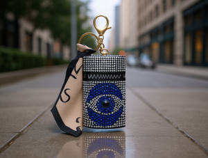 Borsa per Rossetto con Strass Occhi Blu 5x13cm, Portachiavi alla Moda con Perline e Decorazione a Sciarpa - Product Image 2