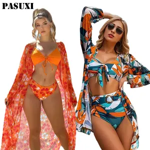 PASUXI Wholesale Swimsuit Print String Swimwear 3 Piece Set Bathing Suit Bikini For Woman Beach Cover Up