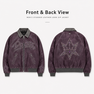 Giacca in Pelle Streetwear di Tendenza, Vintage, Lavaggio Acido, Personalizzata, Stile Varsity, Effetto Consumato, Viola, con Ricami e Borchie - Product Image 3