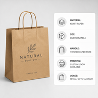 Sacs en papier kraft recyclables avec poignées, logo personnalisé, pour la vente à emporter et les courses