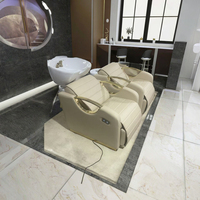 Yüksek kalite ayarlanabilir bej ve altın şampuan sandalye seramik lavabo ile Modern tasarım saç salonları için dayanıklı Metal kolçaklar