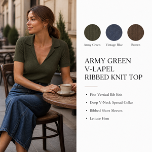 Ladies Slim Fit <strong>Peter</strong> <strong>Pan</strong> <strong>Collar</strong> Knit Top Solid Vertical Rib Short Sleeve V Neck <strong>Blouse</strong> For Summer Daily Working Outfits - Product Image 1