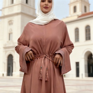 9.9 Latest Dress Loose Shiny Diamonds Sleeves Front Zipper With Hidden Tassel Belt With Pockets Popular Eid Women Dress 6758# - Product Image 4
