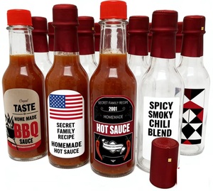 Bouteilles en verre de 100 ml pour sauce piquante et ketchup avec bouchons compte-gouttes à vis, capuchons rouges et bandes thermorétractables - Product Image 3