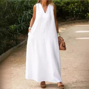 <span class=keywords><strong>Abbigliamento</strong></span> da <span class=keywords><strong>donna</strong></span> abiti eleganti da <span class=keywords><strong>donna</strong></span> in <span class=keywords><strong>lino</strong></span> di cotone senza maniche tinta unita ampio scollo a V abito Casual - Product Image 3