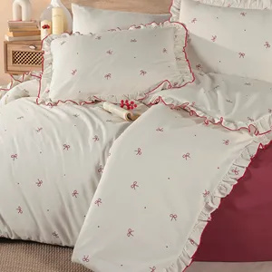 Ensemble de literie double Karden Flower Rosalie White Princess Style Plant Pattern 200TC 100% coton avec nœuds et volants - Product Image 1