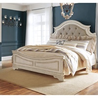 Lit King Size Ajustable en Bois Massif Traditionnel Minimaliste, Cadre Blanc Sculpté à la Main, Design de Lit Mural avec Tête de Lit Rembourrée pour Salon