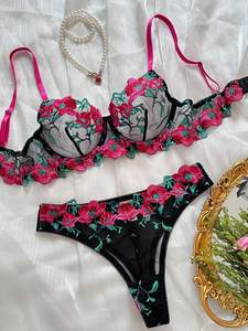 Nouveau Style rétro mode Sexy Hottie Lingerie soutien-gorge et culotte Rose dentelle brodée ensemble de sexe transparent - Product Image 2