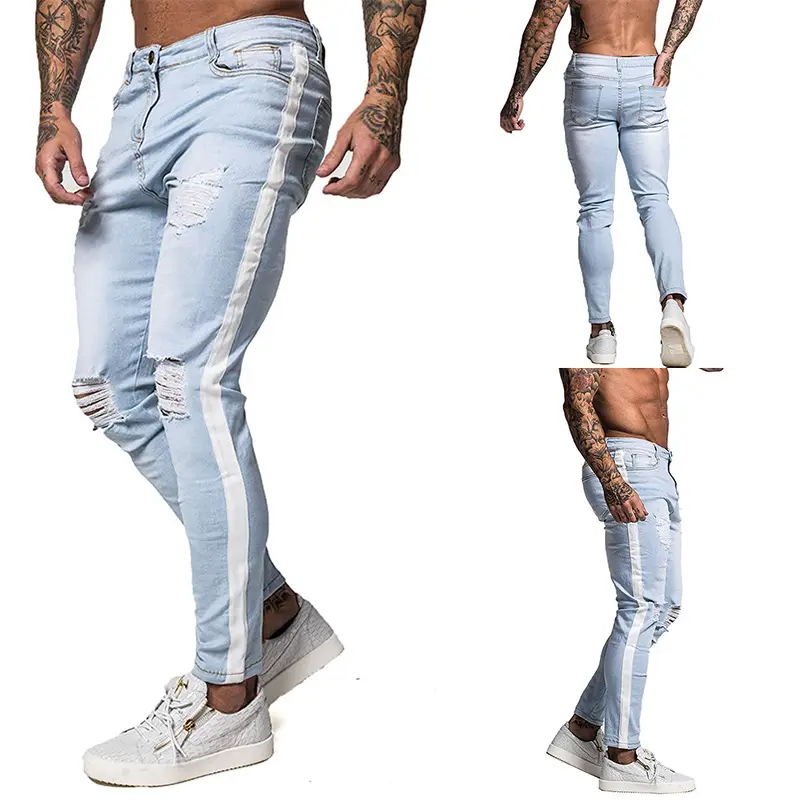 Herren Ripped Jeans Fit Stretch Denim Jeans Seitenst reifen Slim Men New Hot Sale Hellblaue Polyester/Baumwolle Ripped Hole Dekoration