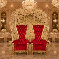Trônes de roi et de reine en or massif sculpté, revêtement en velours rouge, pour extérieur, villa, cérémonie de mariage, scène, salle de banquet