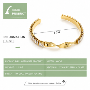 Brazalete Abierto Trenzado, Acero Inoxidable y Cristal con Baño de Oro de 14K, Brazalete Escultural en Tono Dorado - Product Image 2