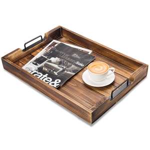 Bandeja de madera con asas <span class=keywords><strong>para</strong></span> servir, bandeja de comida y bebidas <span class=keywords><strong>para</strong></span> mesa de centro, desayuno, cena y bar, bandeja de almacenamiento decorativa rústica FSC - Product Image 3