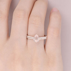 Anillo de Eternidad para Mujer, 2 Piezas, Anillo de Compromiso Solitario, Oro Rosa, Cuarzo Rosa, Forma de Pera, Conjunto Nupcial, Anillo de Cristal Rosa - Product Image 6