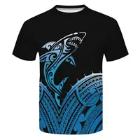 Camiseta polinésia masculina de tatuagem com estampa de tubarão, azul, preta, grande, casual, secagem rápida, verão