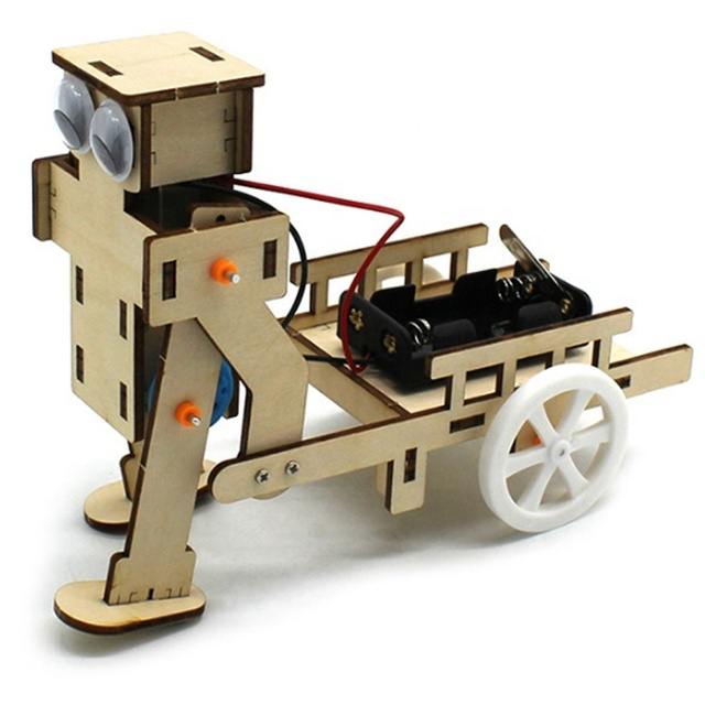 DIY Model Kits Robot+Handcart Activity Centers Mechanical Toy Brain Teasers Wooden Educational Robot Making Kits