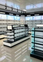 Estantes Modernos para Exhibición de Cosméticos en Supermercados con Esquina Curva en Forma de L y Caja de Luz Lateral para Tienda de Cosméticos