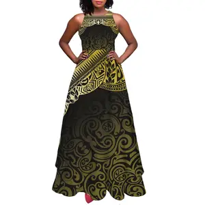 Hawaii Style O neck Long Womens Dresses Golden Ocean Polynesian Tattoo Tribal Tank dresses Flare Swing Sleeveless Maxi Dress