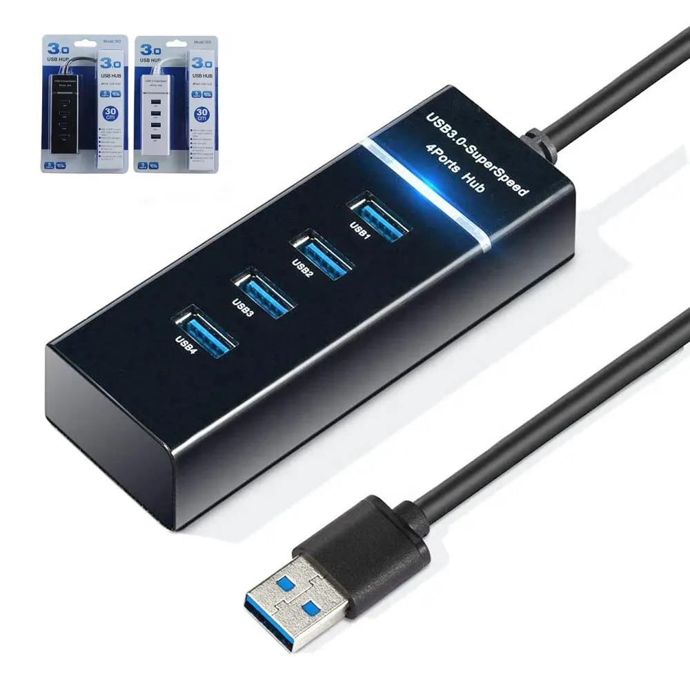 4-Port USB 3.0 Hub with 30cm Long Cable for Laptop PC MacBook Mac Pro Mac Mini iMac Surface Pro and more