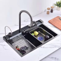 Évier de cuisine intelligent Nano Black avec affichage LED de la température, robinet cascade, égouttoir et accessoires