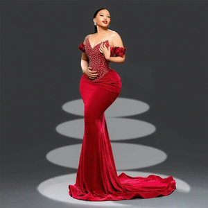 Elegante Vestido de Noche Rojo de Terciopelo con Cuentas y Pedrería, Vestido de Sirena para Mujer, Personalizado para Recepción de <span class=keywords><strong>Boda</strong></span> Africana, Aso Ebi, Cumpleaños - Product Image 1