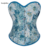 Corset Bustier Rétro Vintage Bleu pour Femme, Motif Floral Peint à l'Huile, Style Médiéval Renaissance, avec 5 Baleines, Grande Taille, Maintien Ferme, Fermeture à Boutons