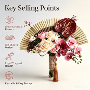 Éventail floral de style oriental pour mariée, fleurs artificielles décoratives pliables avec pompon, accessoire de photographie pour mariage, fiançailles, cérémonie - Product Image 5